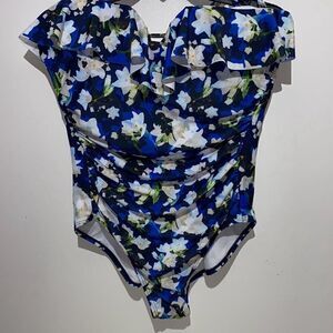 Nicole Miller Women's Blue One Piece Floral Ruffle Swimwear Size Large NWT